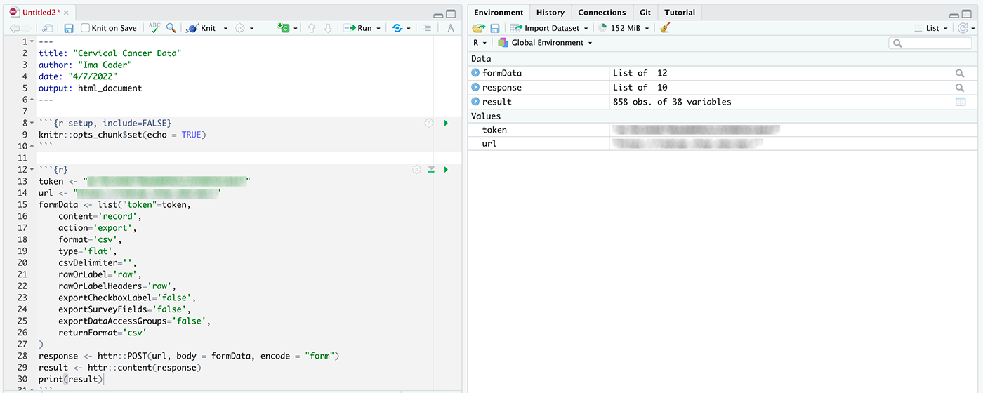 RStudio showing code on the left and environment variables including the "result" dataframe listed on the right.