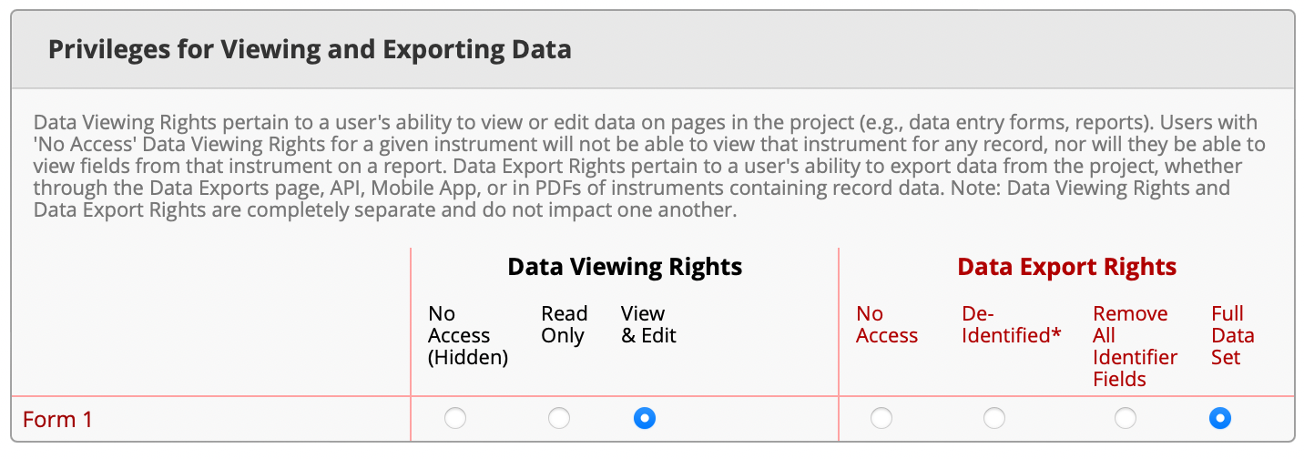 Privileges for Viewing and Exporting Data options.