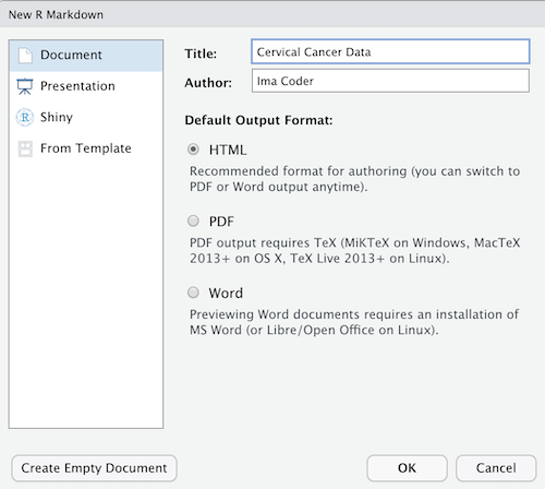 The new R Markdown dialog box from RStudio.