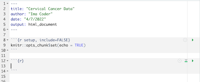 R Markdown document with an empty chunk.