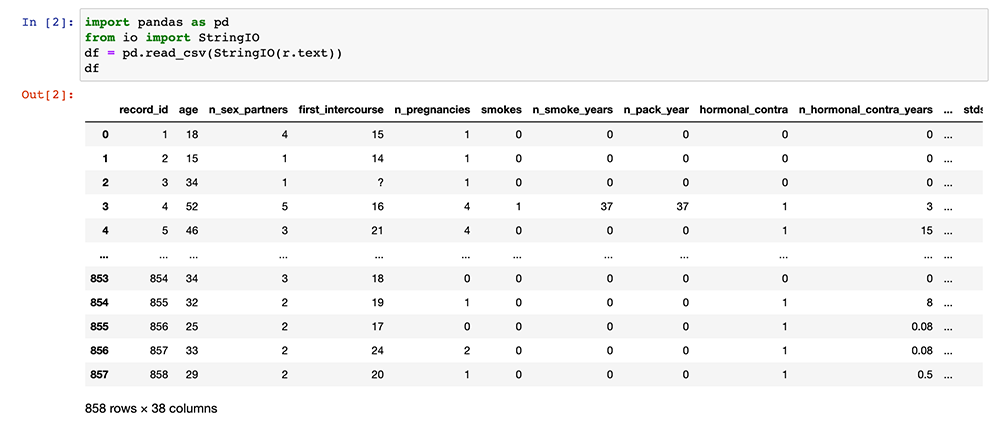 The python code listed above, and the resulting data frame.