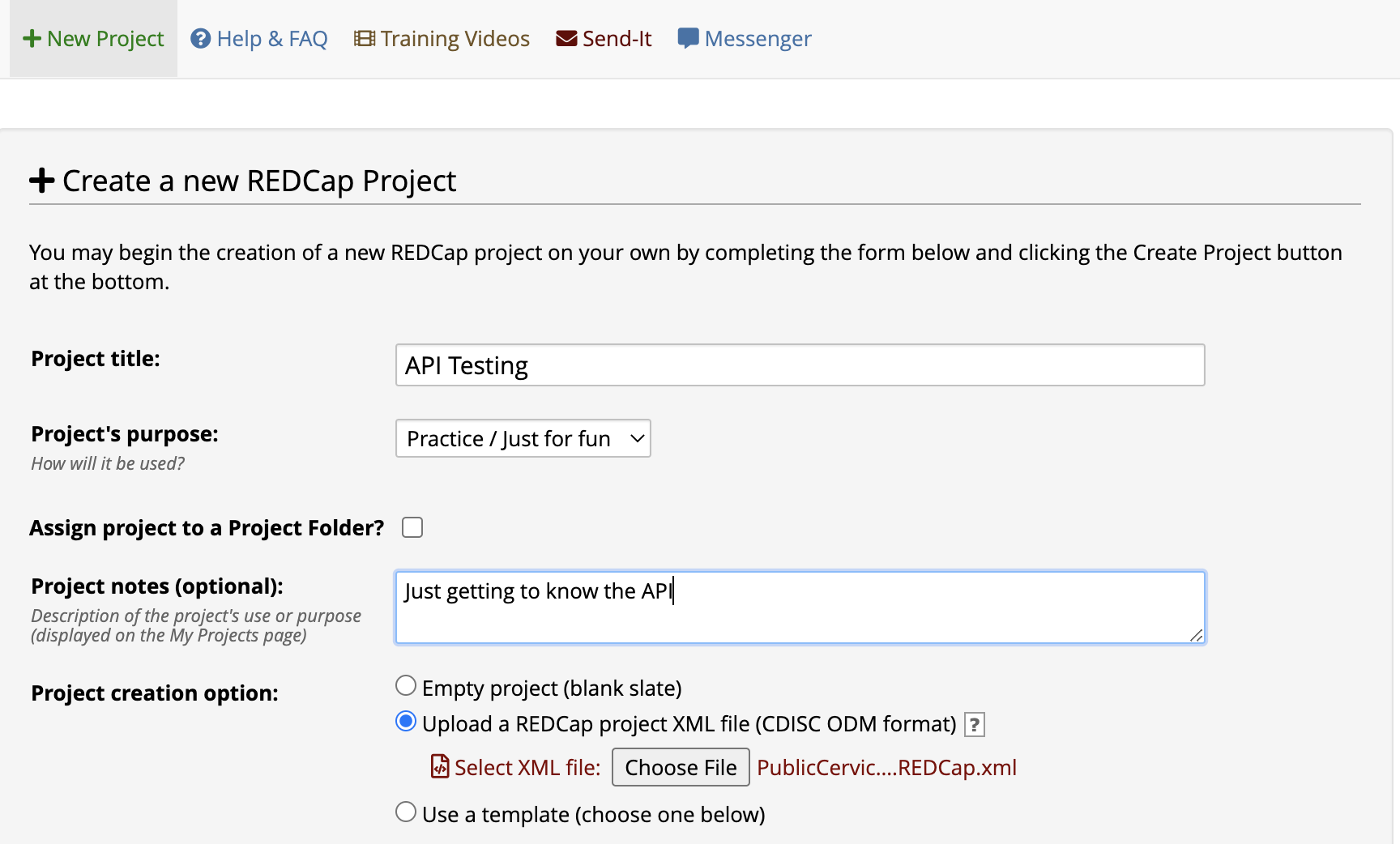 New project form in REDCap.