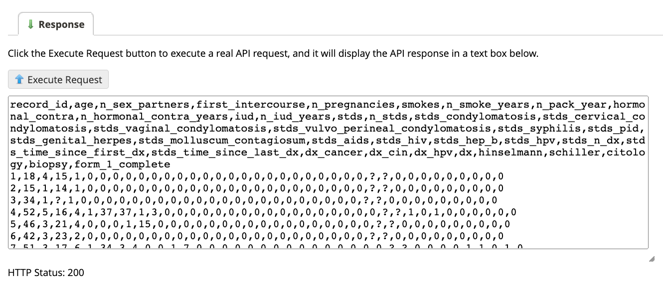 Data shown as text, separated by commas.