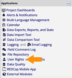 List of applications which includes the "User Rights" application.