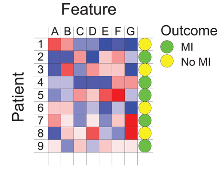 chart showing patient features as 2D matrix and target outcome as 1D array, all as part of table